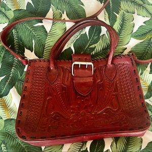 Tooled Leather Handbag with Long Strap